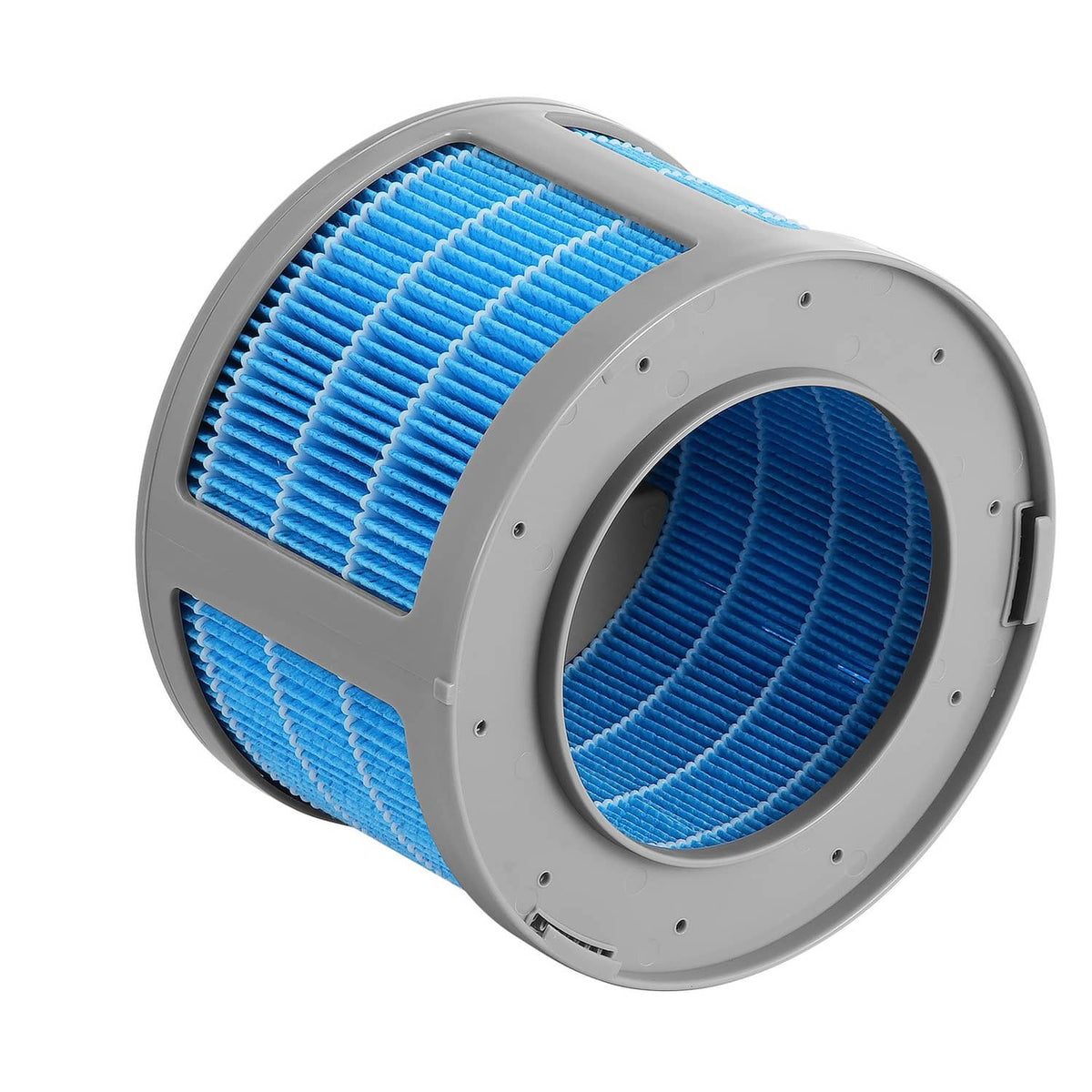 Evaporative humidifier replacement filter cartridge with blue pleated media, angled view
