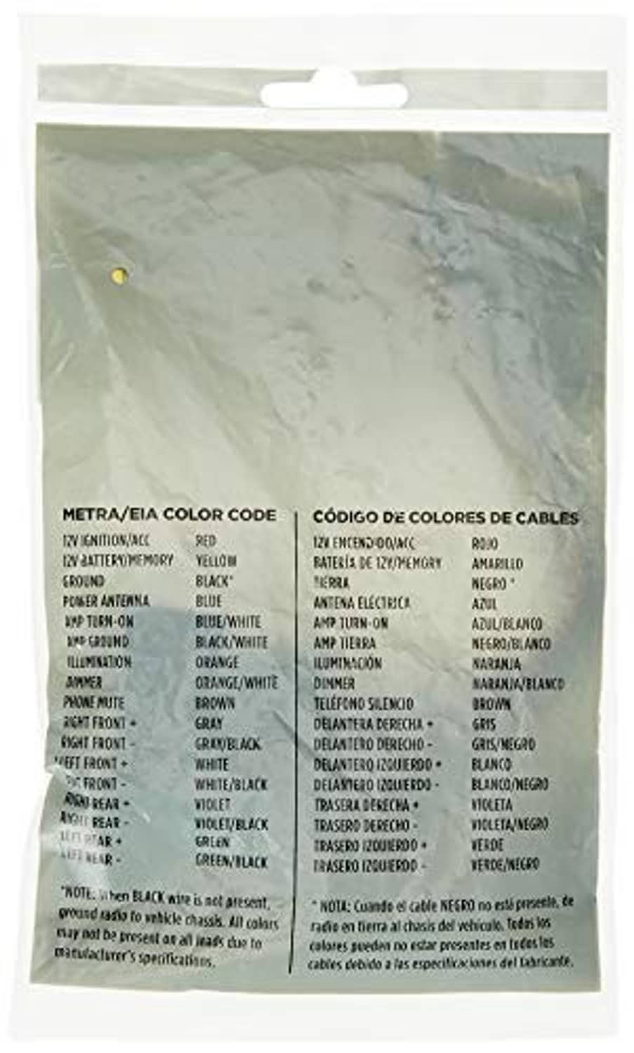 Car wiring harness kit back card showing multicolor cable color code chart