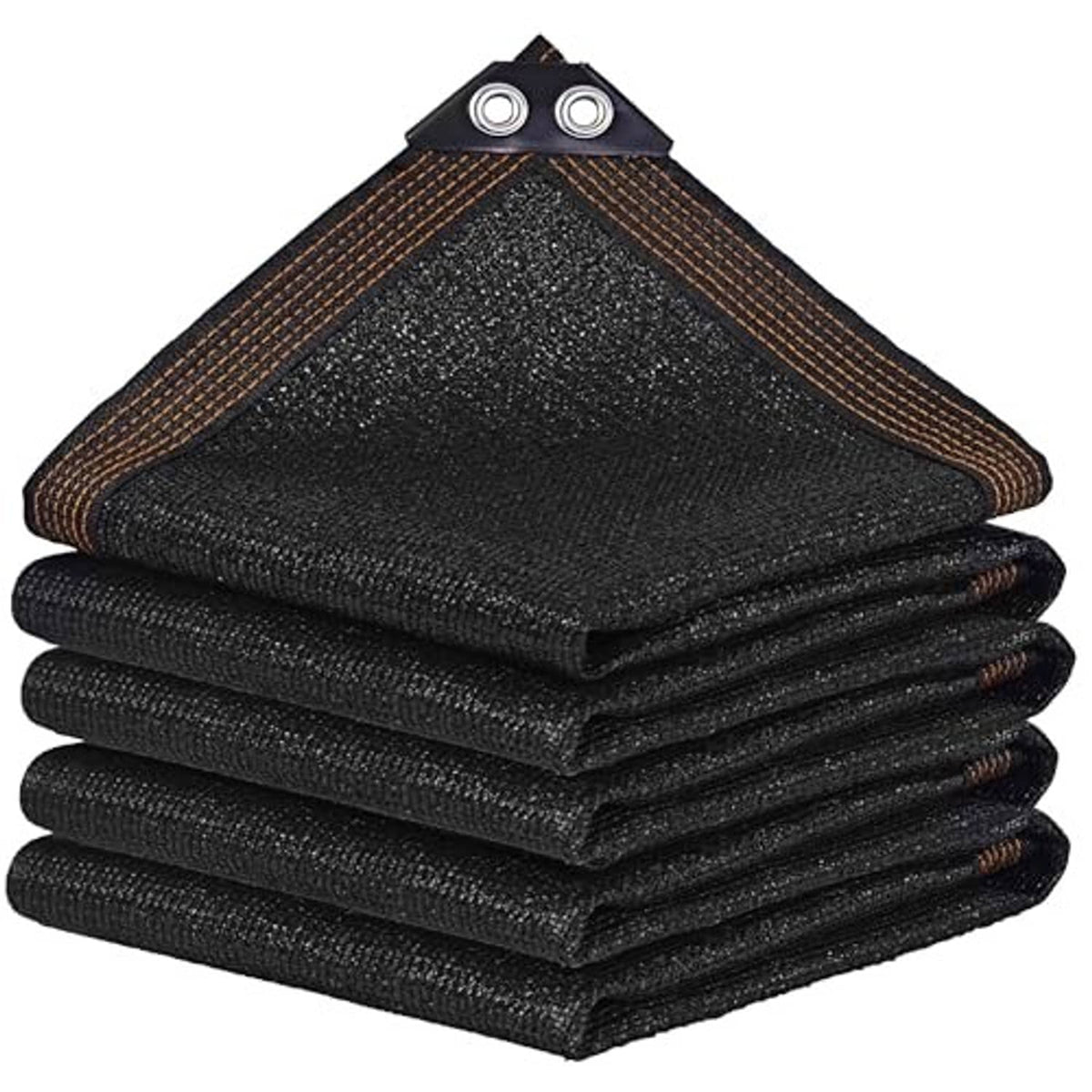 Black mesh shade cloth tarp, folded stack with reinforced corner grommet tabs