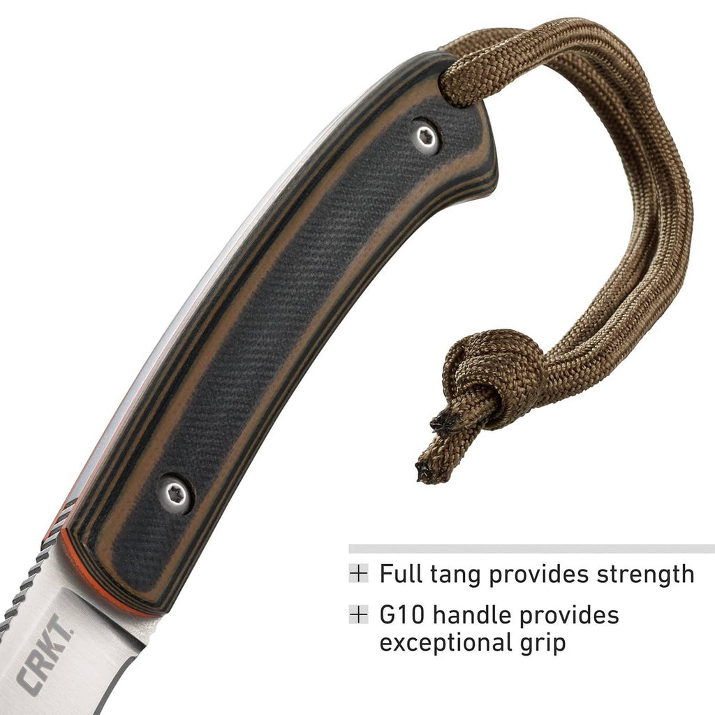 Fixed blade knife with striped dark G10 handle and tan cord lanyard tie