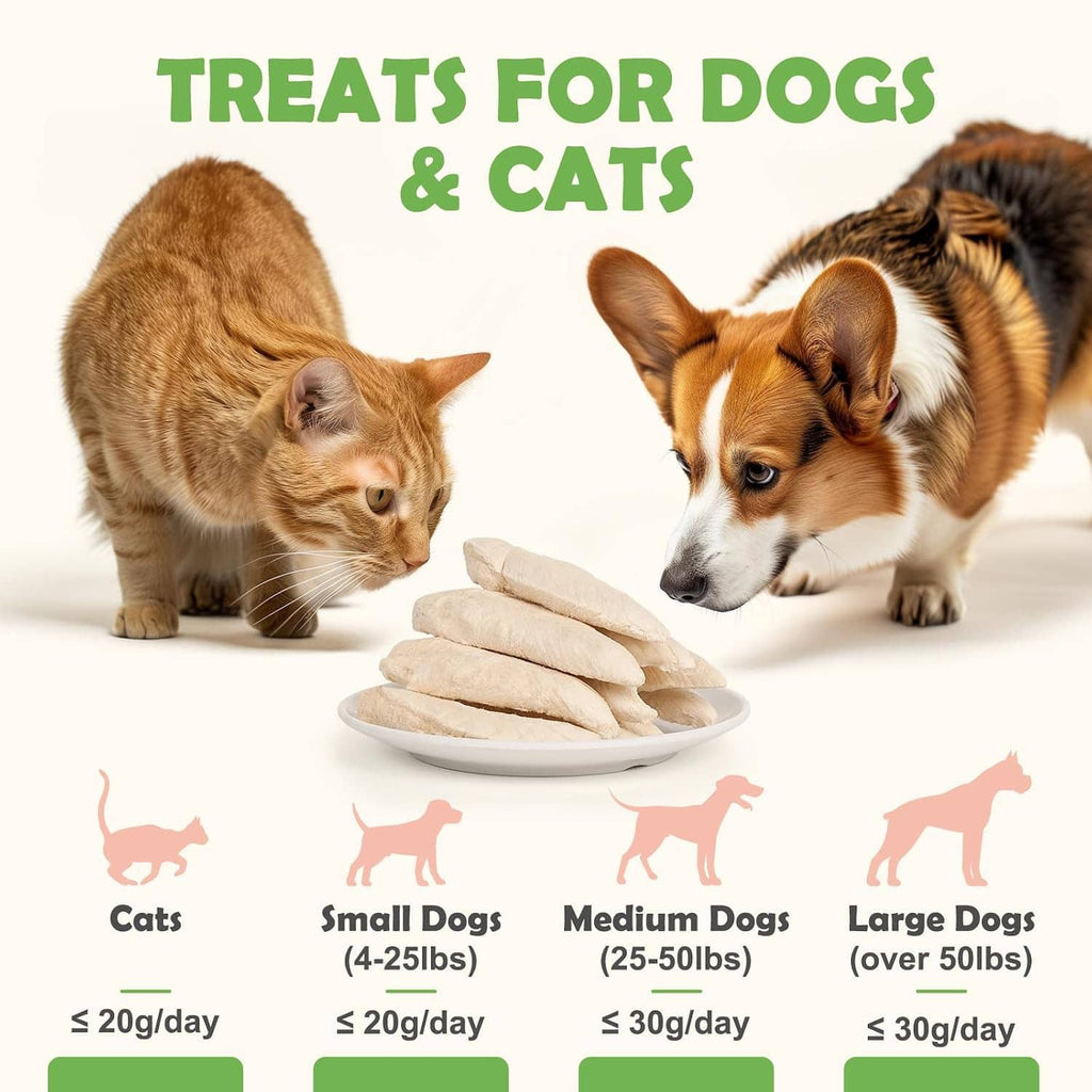 Freeze-dried chicken breast strips on a plate between pets