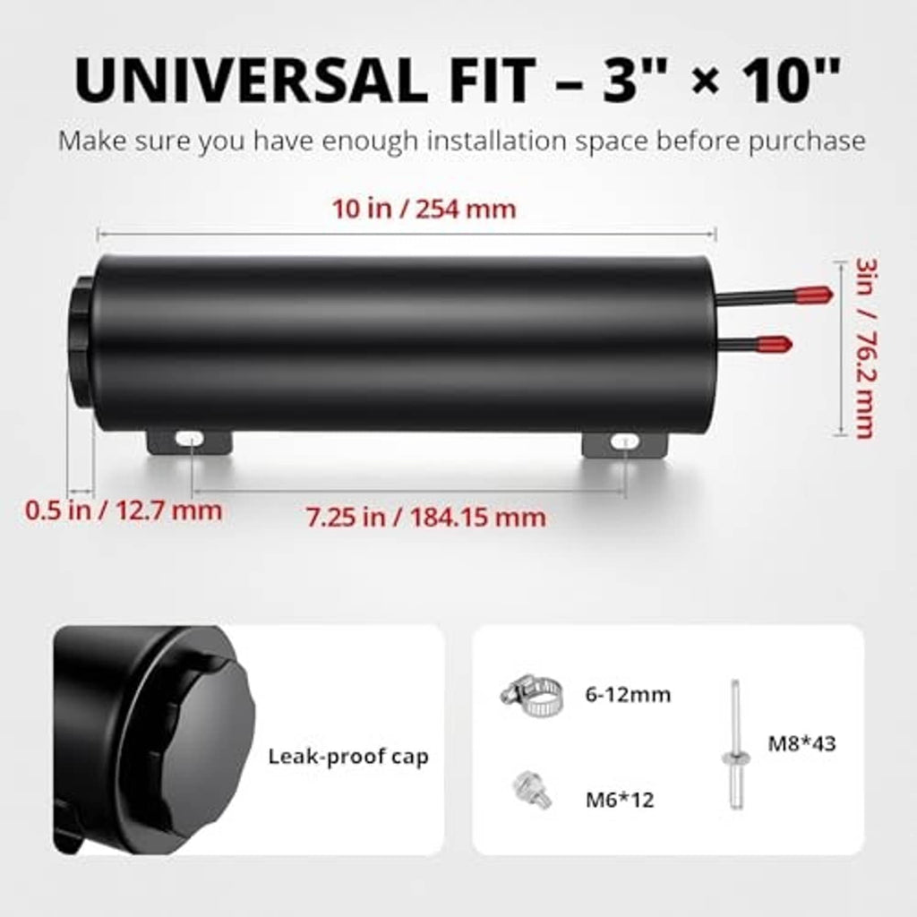 Black aluminum radiator overflow tank with end cap, mounting feet, and red outlet wires