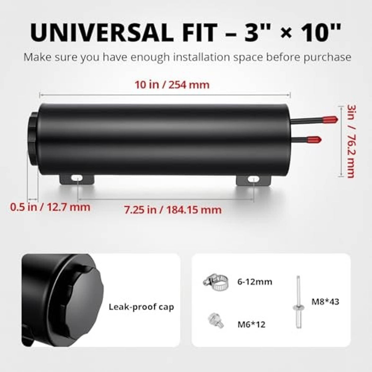 Black aluminum radiator overflow tank with end cap, mounting feet, and red outlet wires