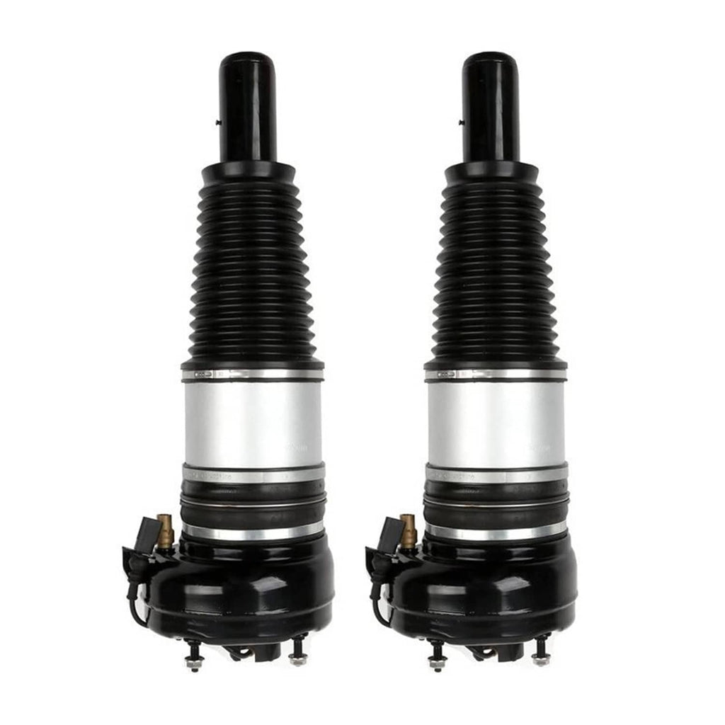 Pair of front air suspension struts with black ribbed bodies, silver center cylinders