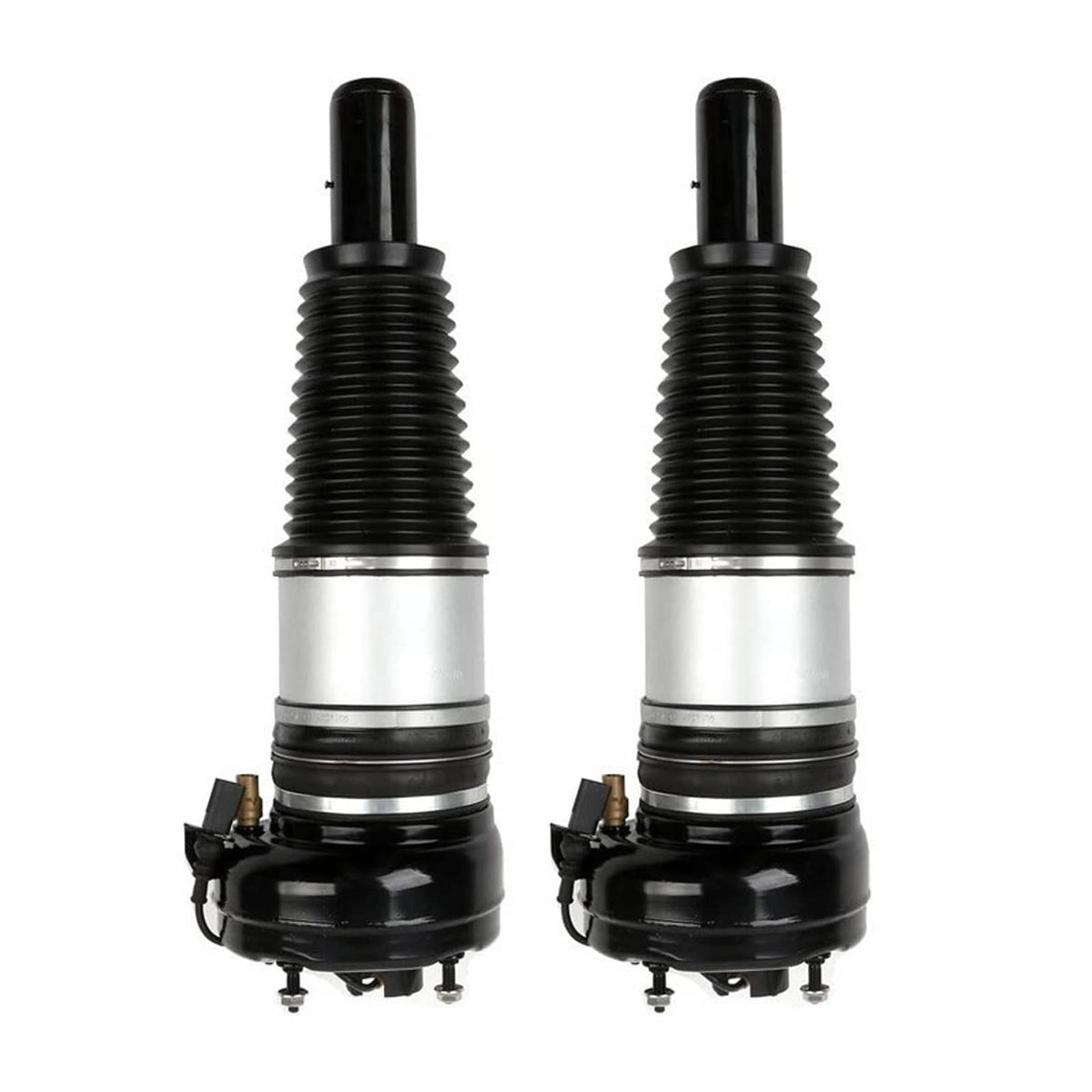 Pair of front air suspension struts with black ribbed bodies, silver center cylinders