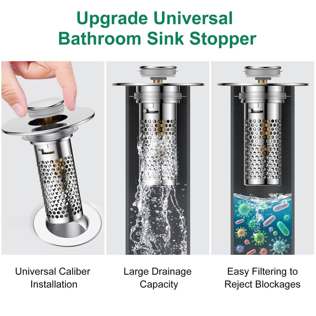 Universal bathroom sink stopper with chrome top and perforated filter basket
