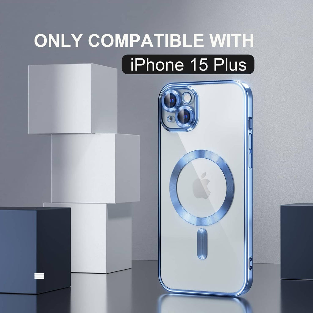 Light blue clear iPhone 15 Plus case with back camera protection and magnetic ring