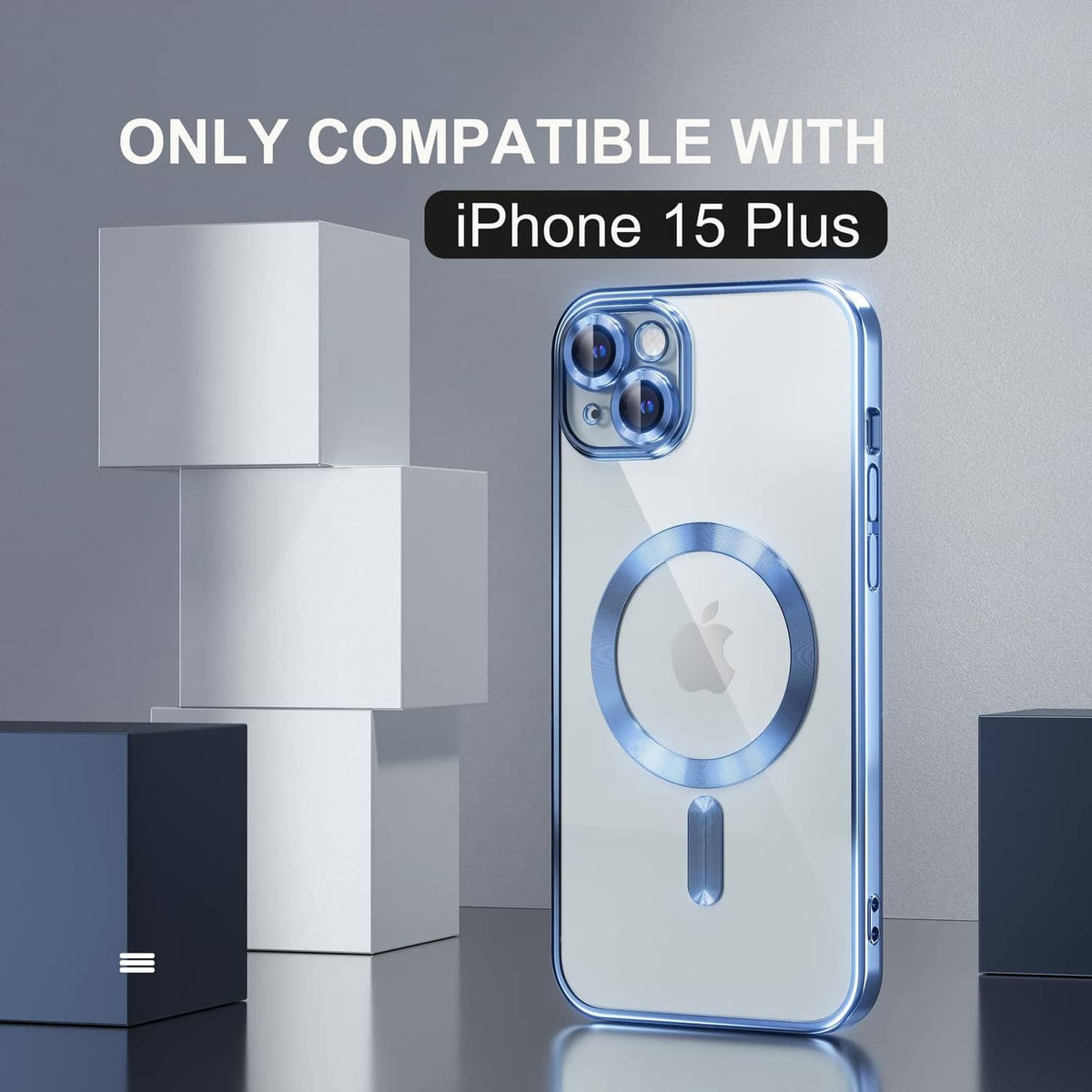 Light blue clear iPhone 15 Plus case with back camera protection and magnetic ring