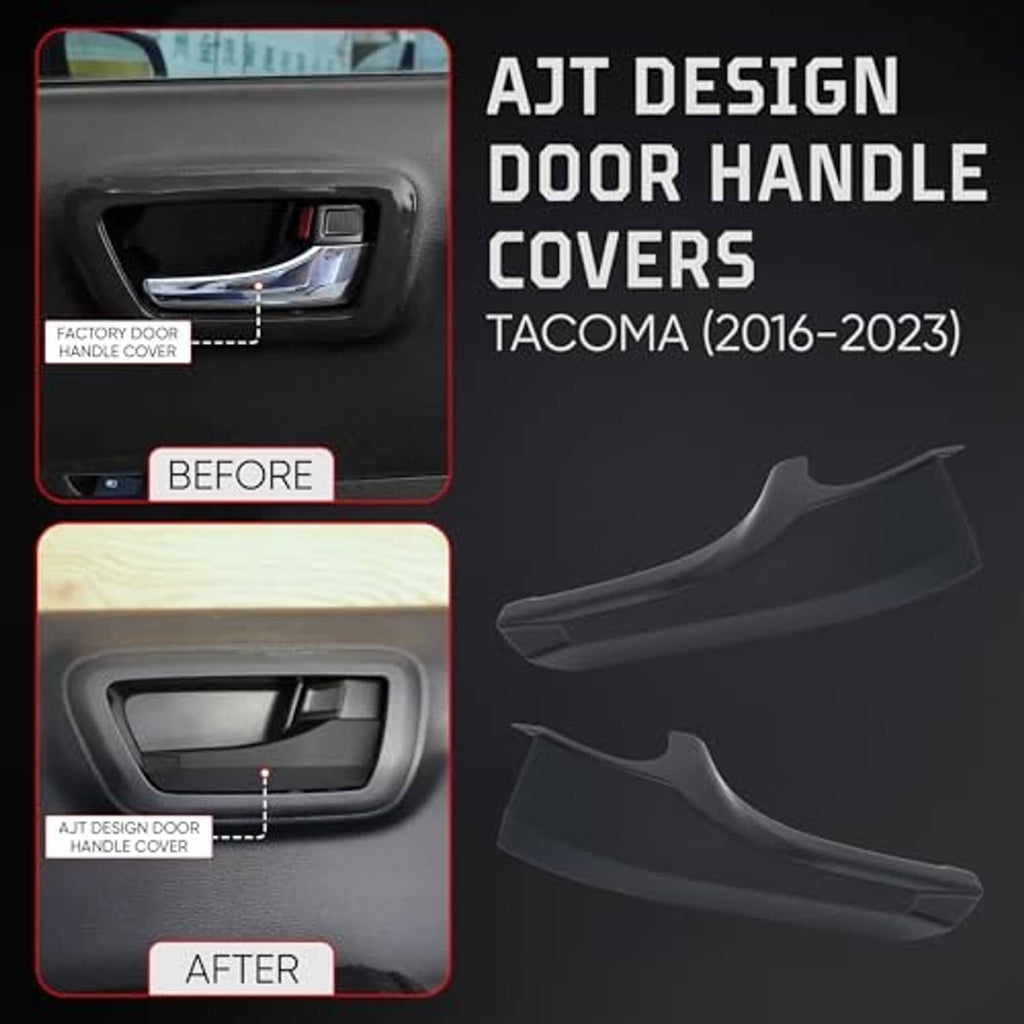 Pair of black door handle covers for Toyota Tacoma (2016–2023), before-and-after style.