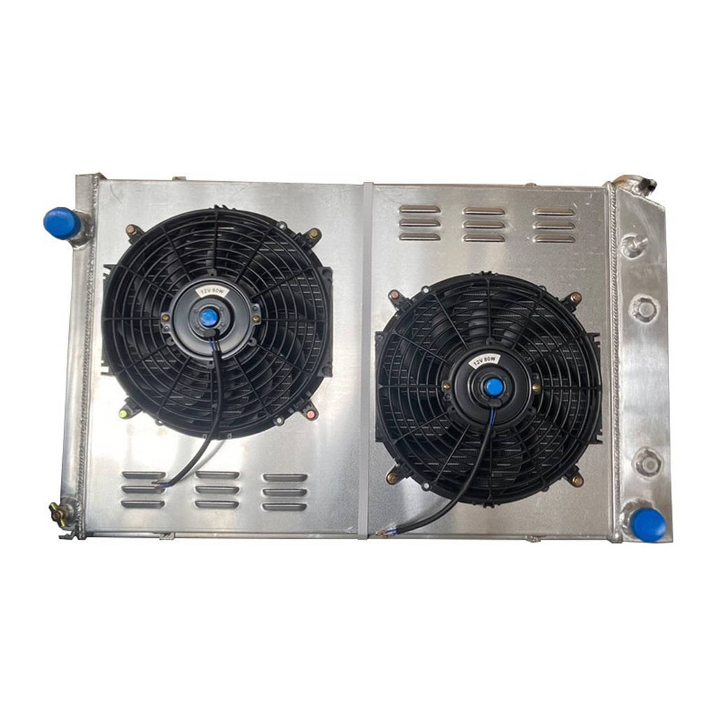 4-row dual-fan radiator with silver housing and blue corner fittings