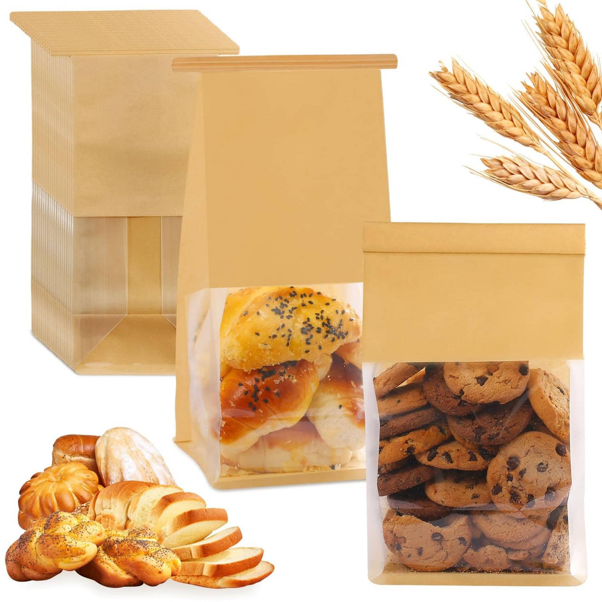 HONKID brown kraft bread and cookie bags with clear window, sealed top