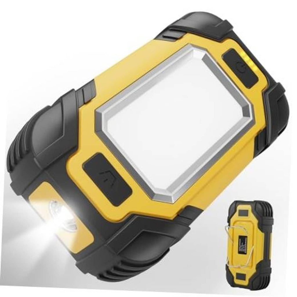 Yellow and black rechargeable work light with large COB LED panel, compact handheld design