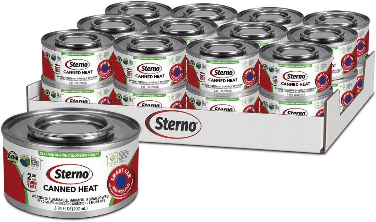 Sterno canned heat fuel case with multiple cans and front-left can visible
