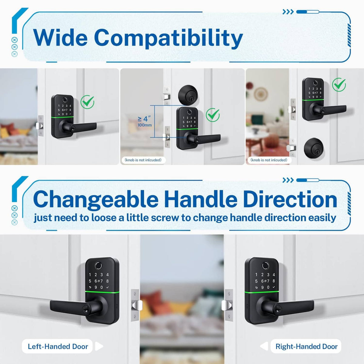 Black keypad smart door lock with adjustable lever handle direction