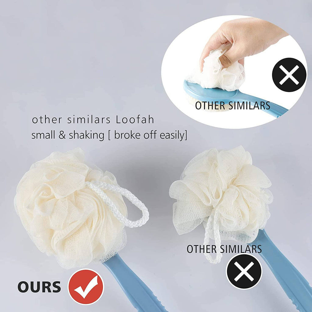Loofah back scrubber with ruffled white mesh head on a blue handle, hand-held
