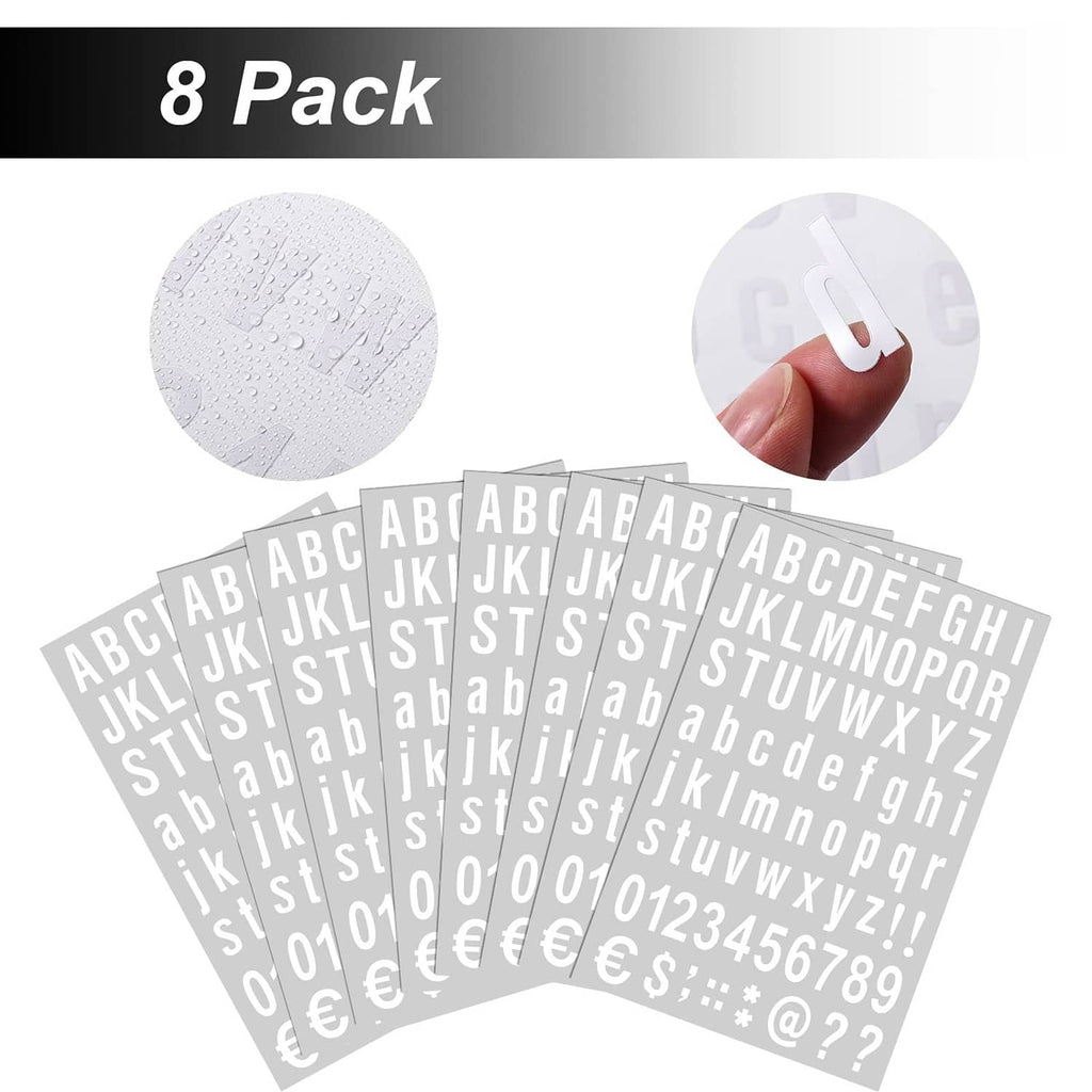 White self-adhesive vinyl letter sheets with alphabet, numbers, and symbol characters