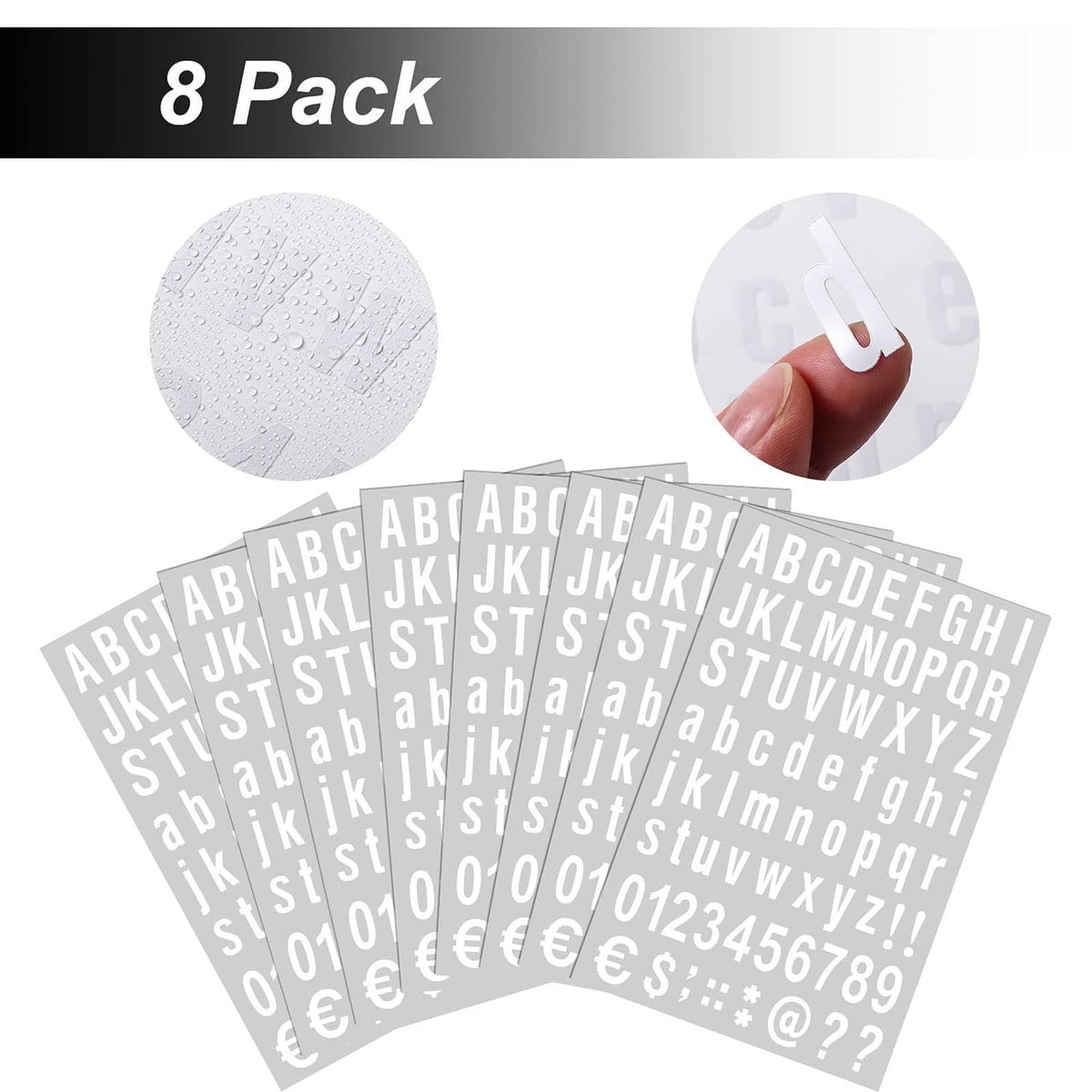 White self-adhesive vinyl letter sheets with alphabet, numbers, and symbol characters