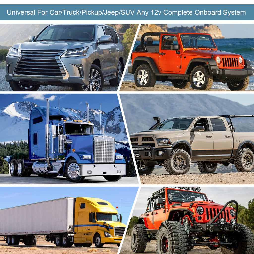 Universal onboard air horn kit installation shown on trucks and SUVs