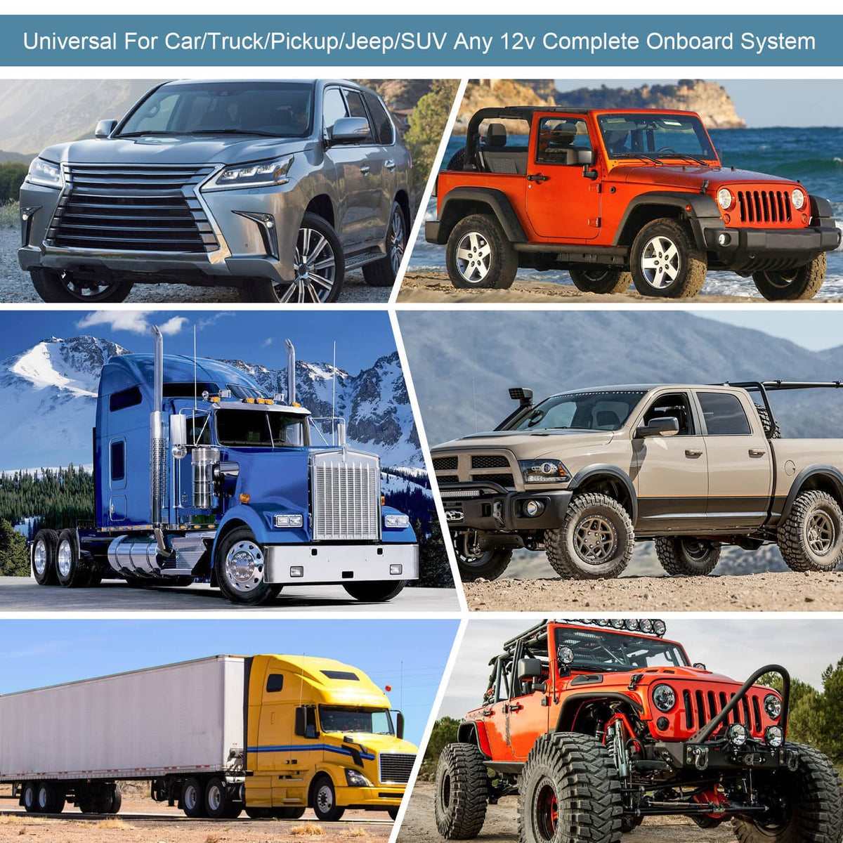 Universal onboard air horn kit installation shown on trucks and SUVs