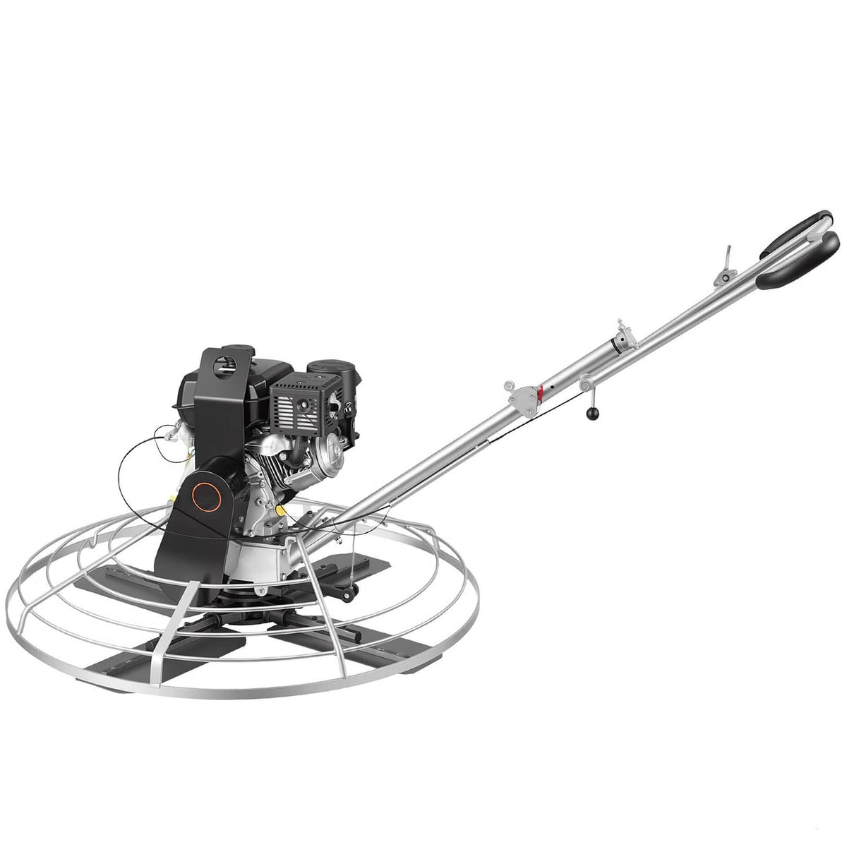 Gas concrete power trowel with circular float pan, engine housing and control handle