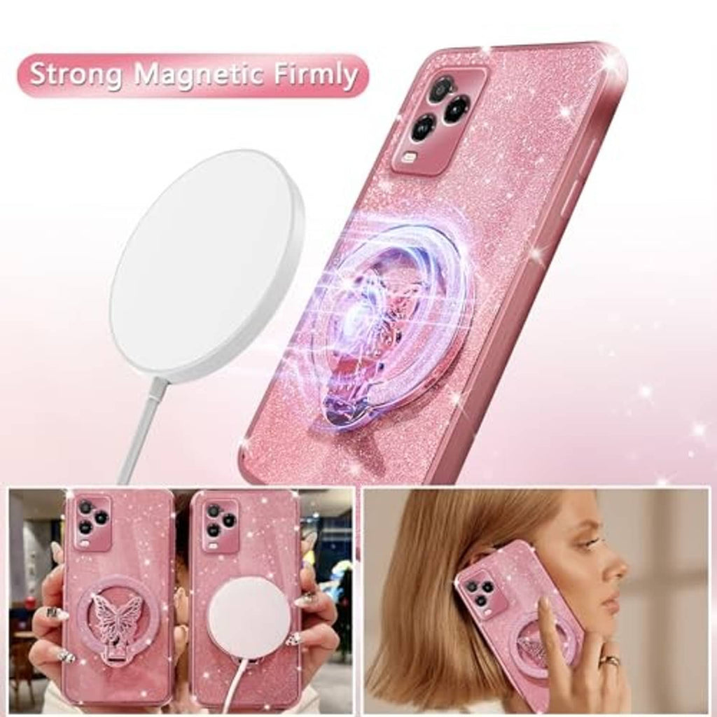 Rose gold glitter phone case with butterfly ring stand and protective bumper edges