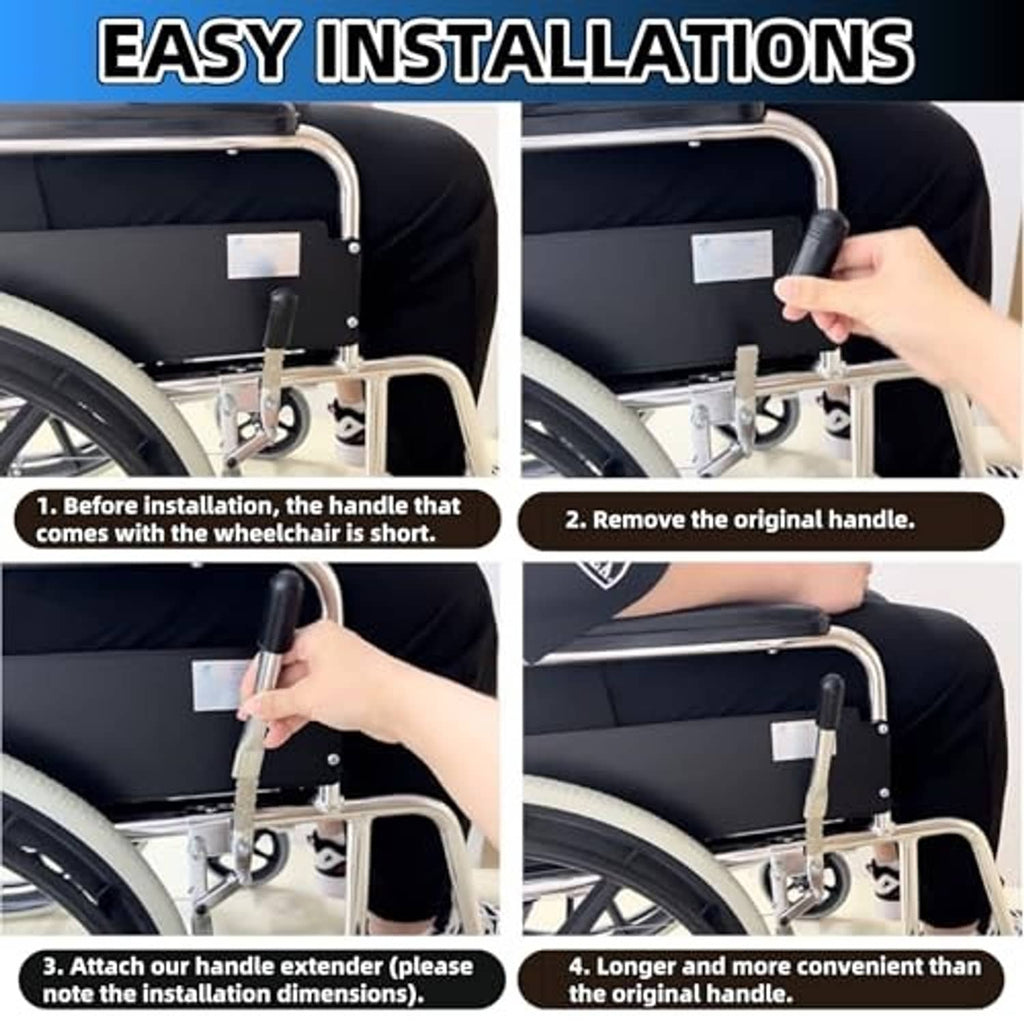 Two black brake handle extenders installed on a wheelchair push handle
