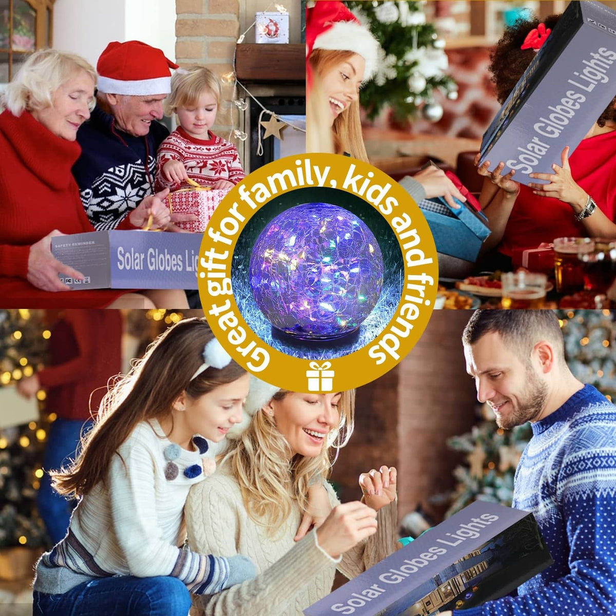 Solar globe lights set with glowing purple multicolor glass ball and product boxes