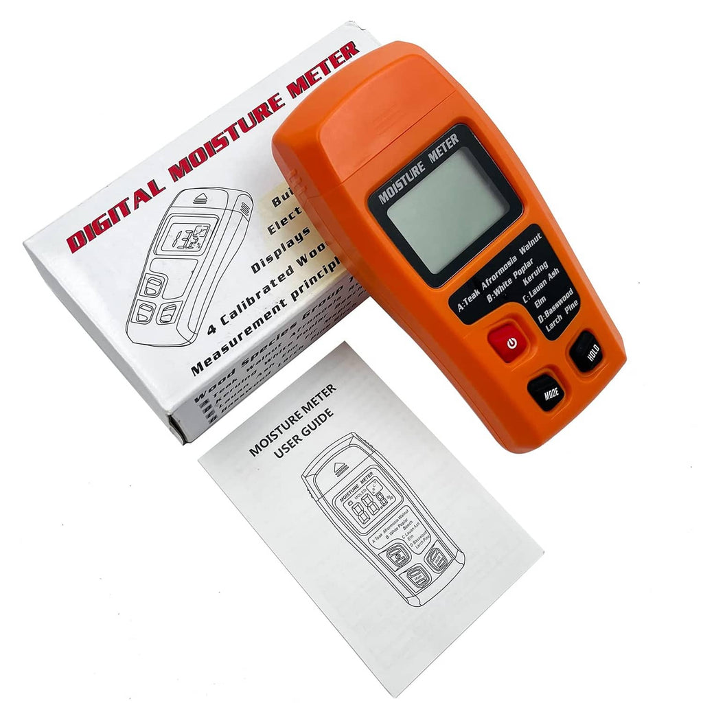 Orange digital moisture meter with instruction booklet and user guide sheets