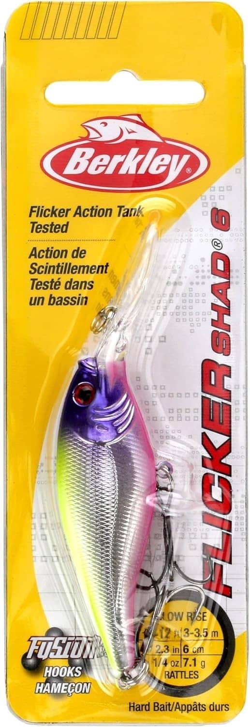 Berkley Flicker Shad hard bait package with purple chartreuse lure and treble hook
