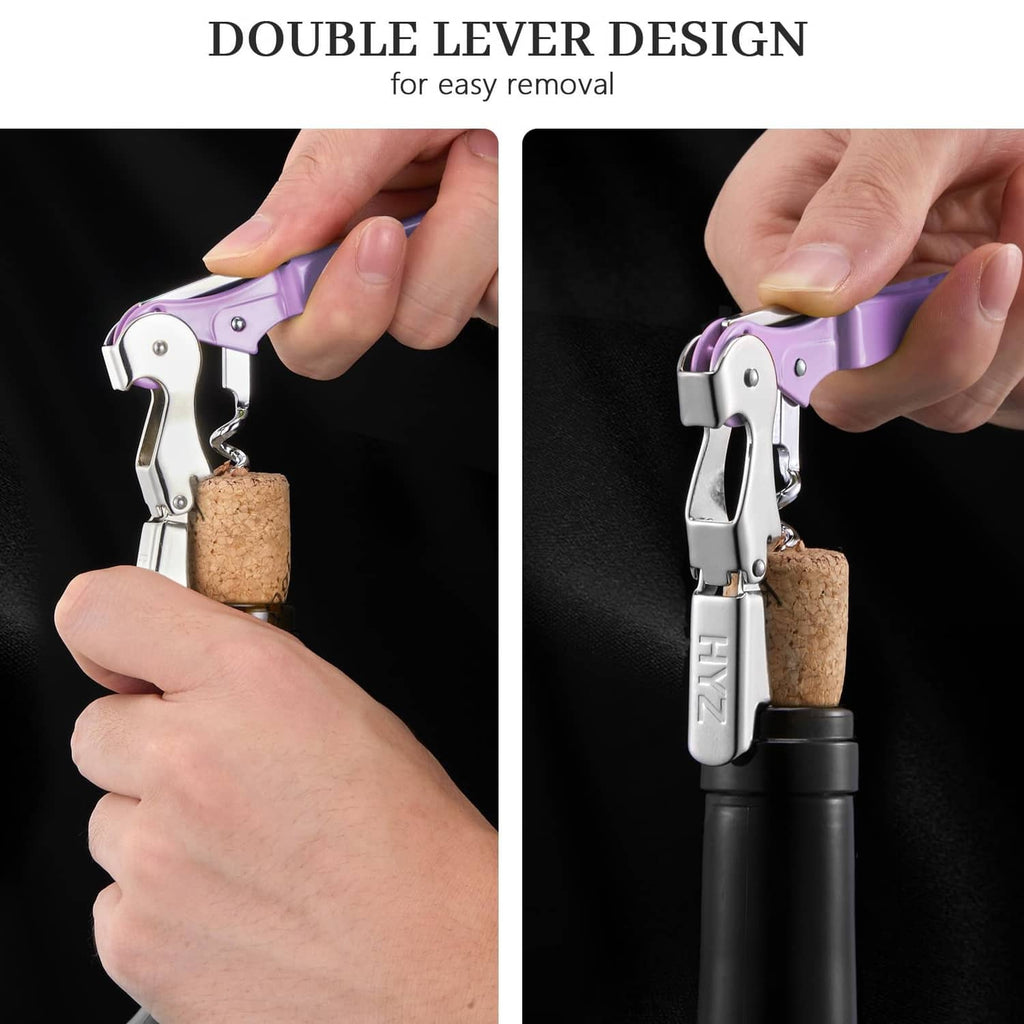 Lilac and silver double-lever corkscrew being used to pull a cork from a bottle
