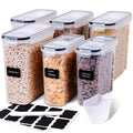 Clear airtight cereal containers set with flip-top lids and chalkboard ingredient labels