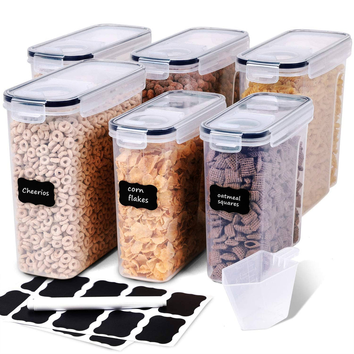 Clear airtight cereal containers set with flip-top lids and chalkboard ingredient labels
