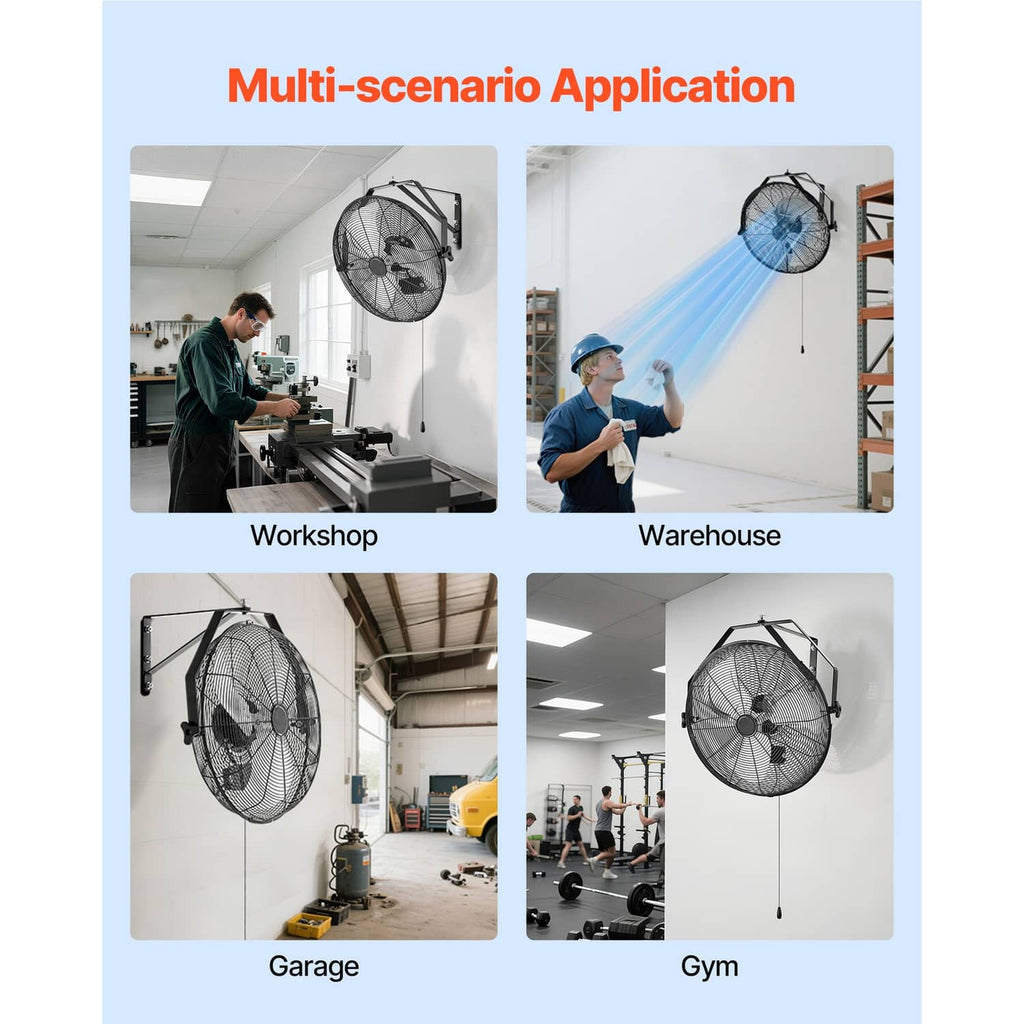 Industrial wall-mount fan shown in multiple indoor spaces like workshop and garage