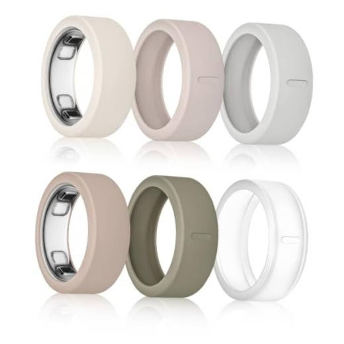 Oura Ring 5 ring cover set of six, soft silicone sleeves in beige, taupe, and light gray