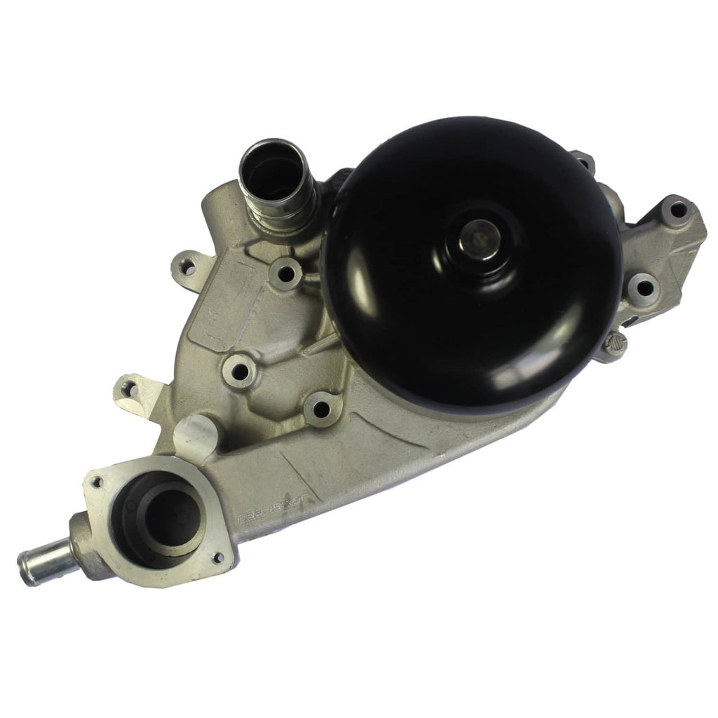 Water pump assembly with black domed cover and front hose outlet fittings