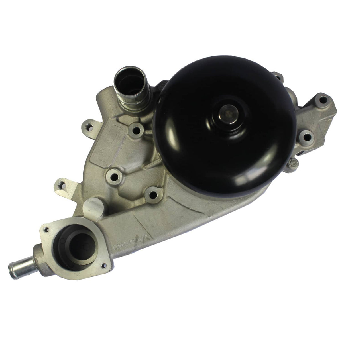Water pump assembly with black domed cover and front hose outlet fittings