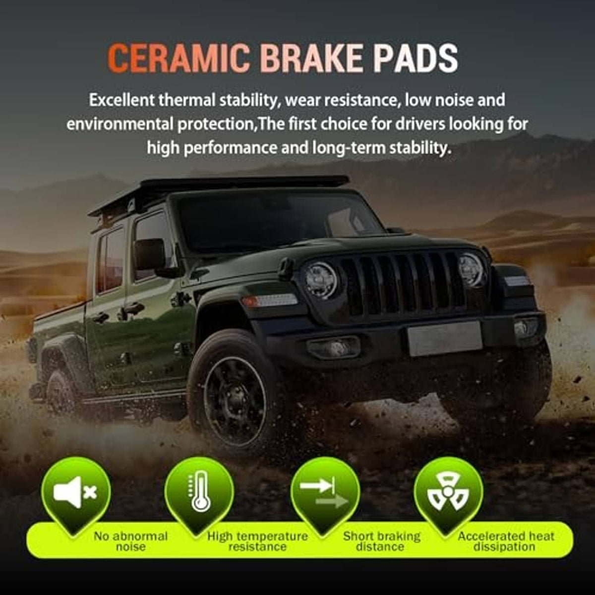 Ceramic brake pads displayed as dark gray pad blocks with backing hardware