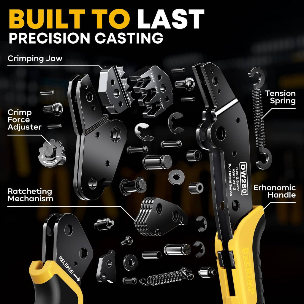 Precision crimping tool with cast jaw, ratcheting mechanism, and ergonomic handle