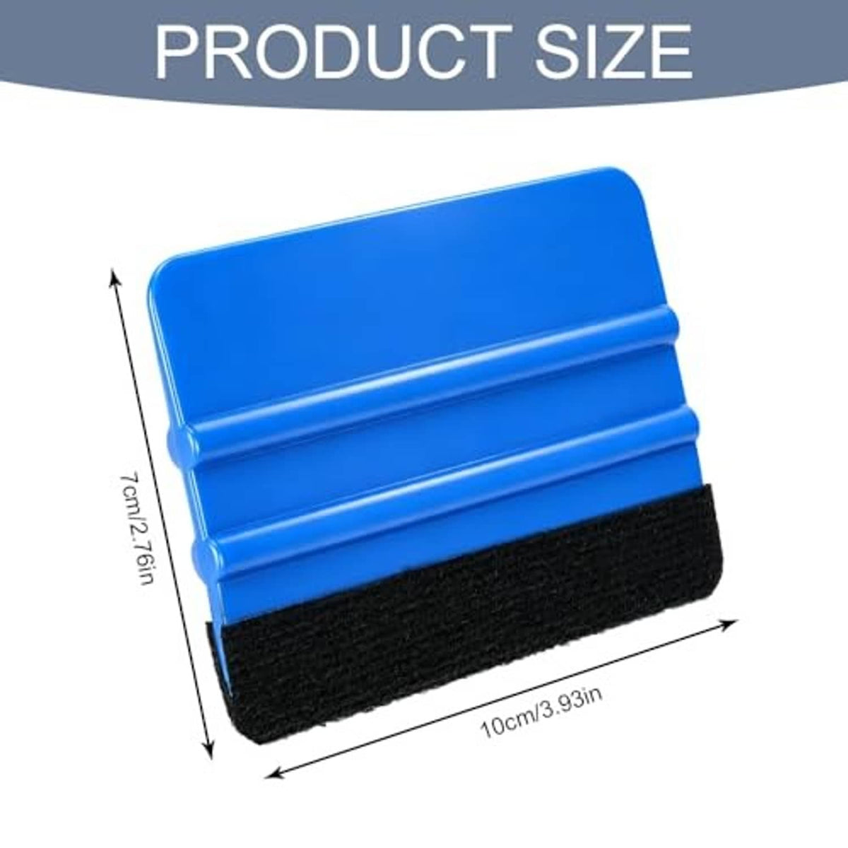 Blue felt-edge squeegee with black pad, 4 inch tool size with side measurements