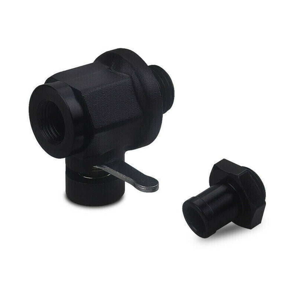 Black engine oil drain valve with side lever and threaded connection, M14 x 1.5