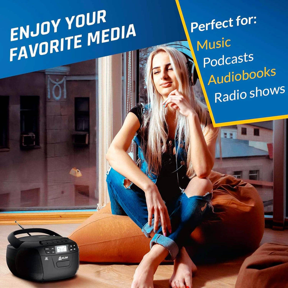 Black CD cassette player boombox with control buttons and open disc area.
