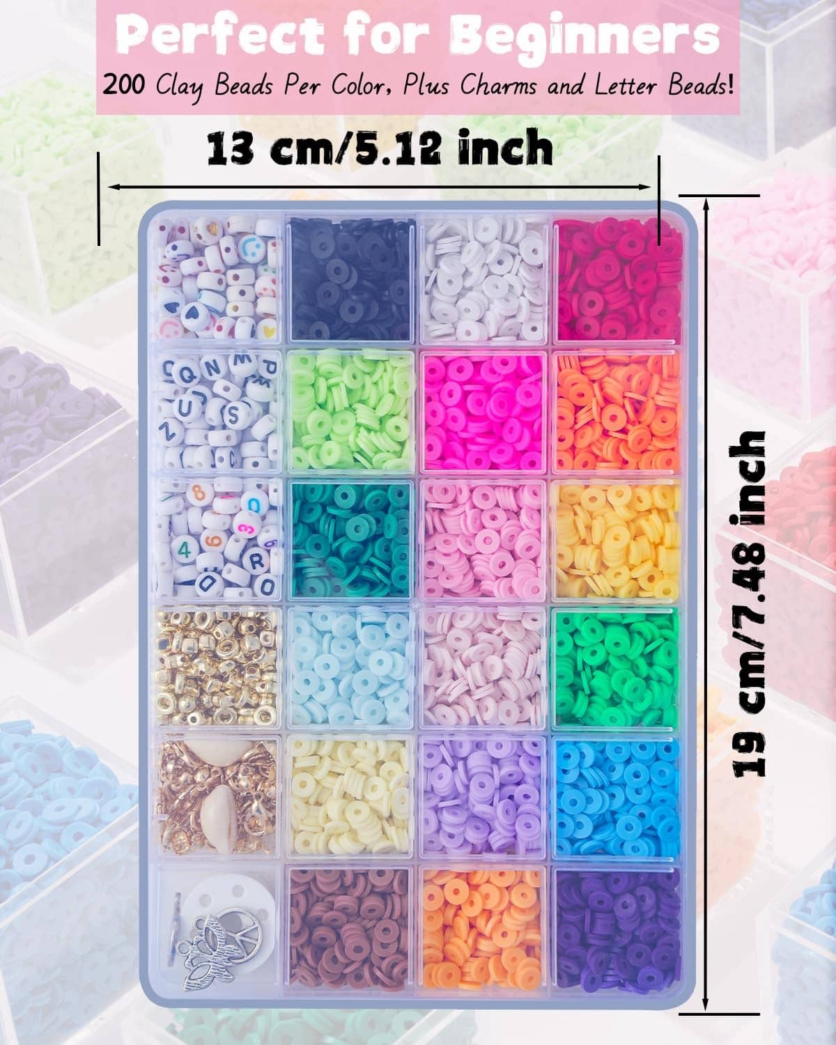 Bead storage tray with 48 colors of mini clay beads and letter beads
