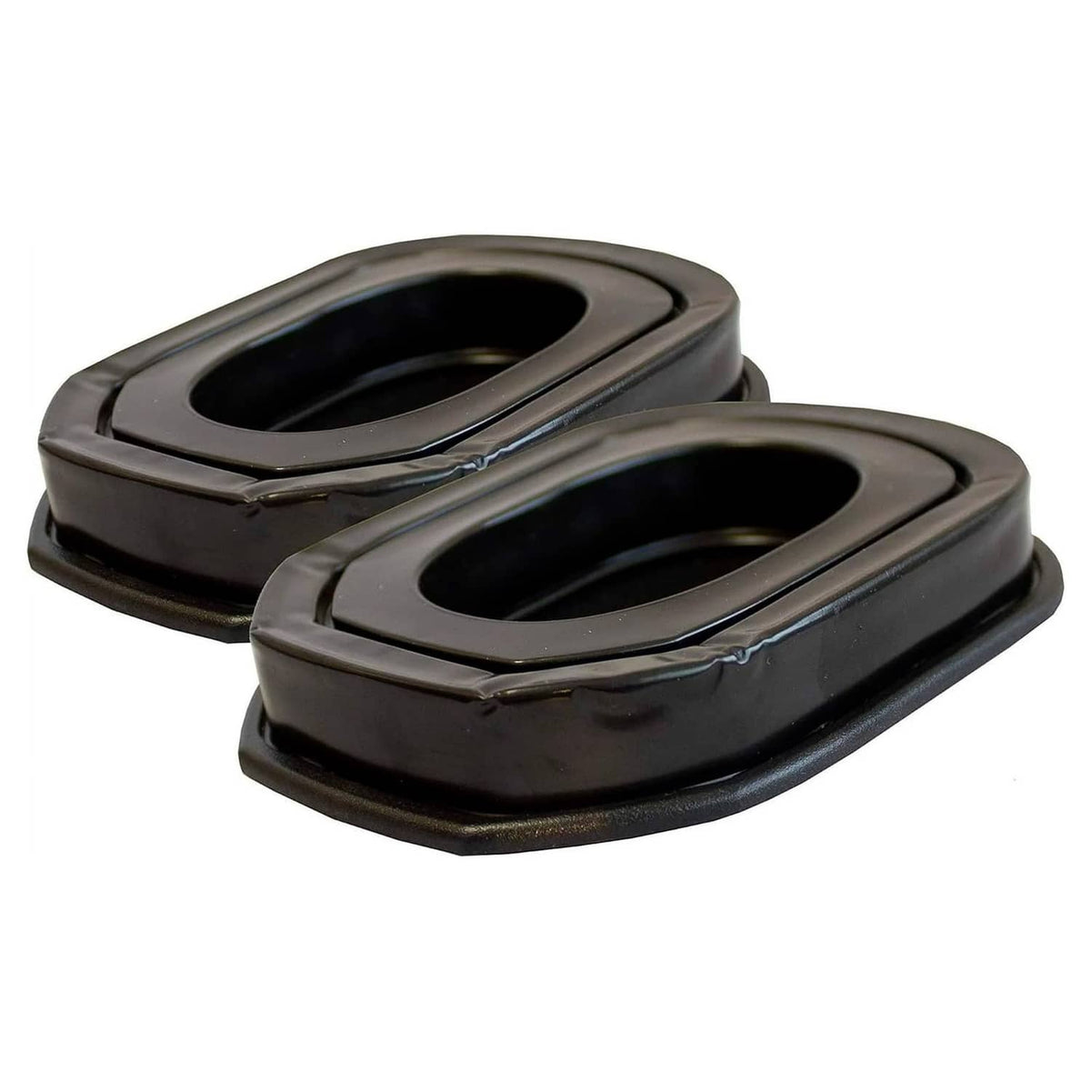 Two black gel-filled ear pads stacked, showing oval openings and raised edges