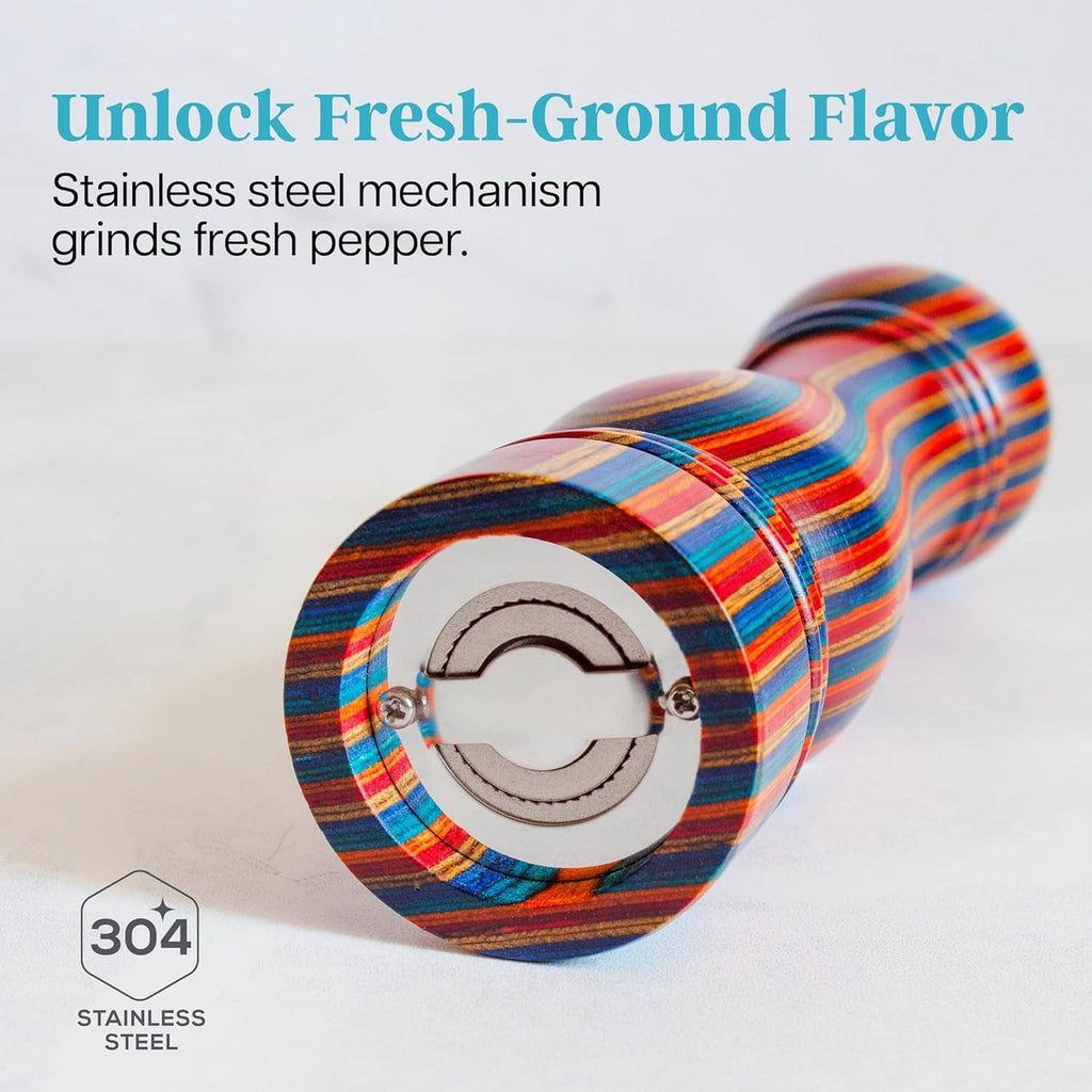 Colorful wooden pepper grinder base with visible stainless steel grinding mechanism