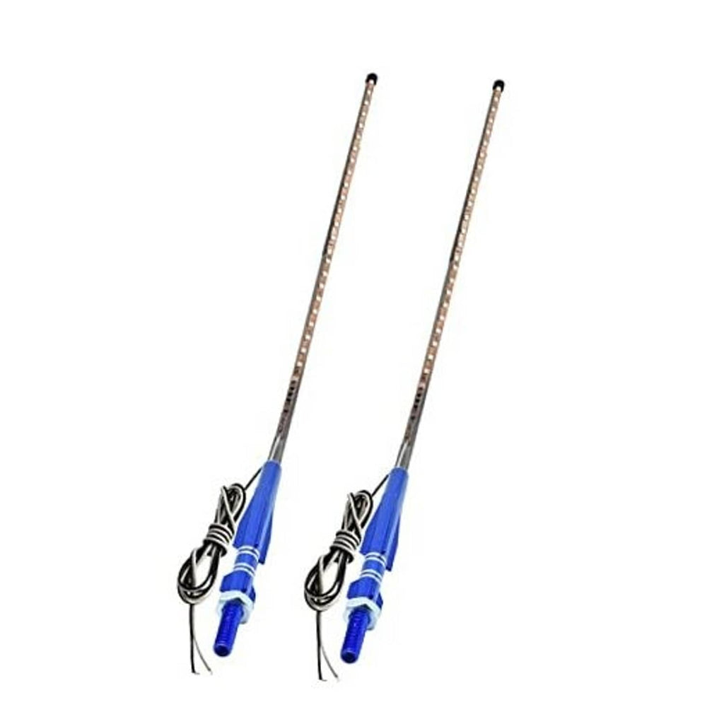 Set of two blue RGB LED whip antenna lights with clear light strips and wire leads