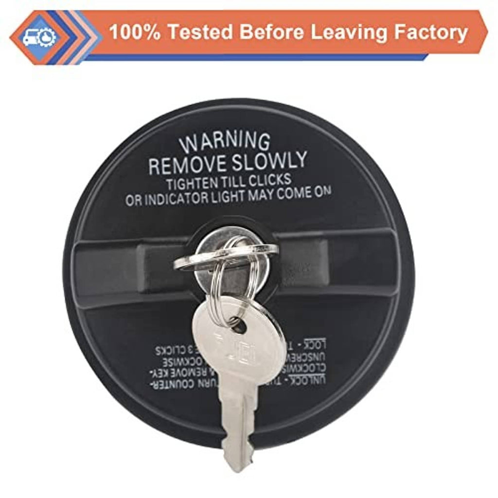 Black locking fuel gas cap with key inserted and two keys attached