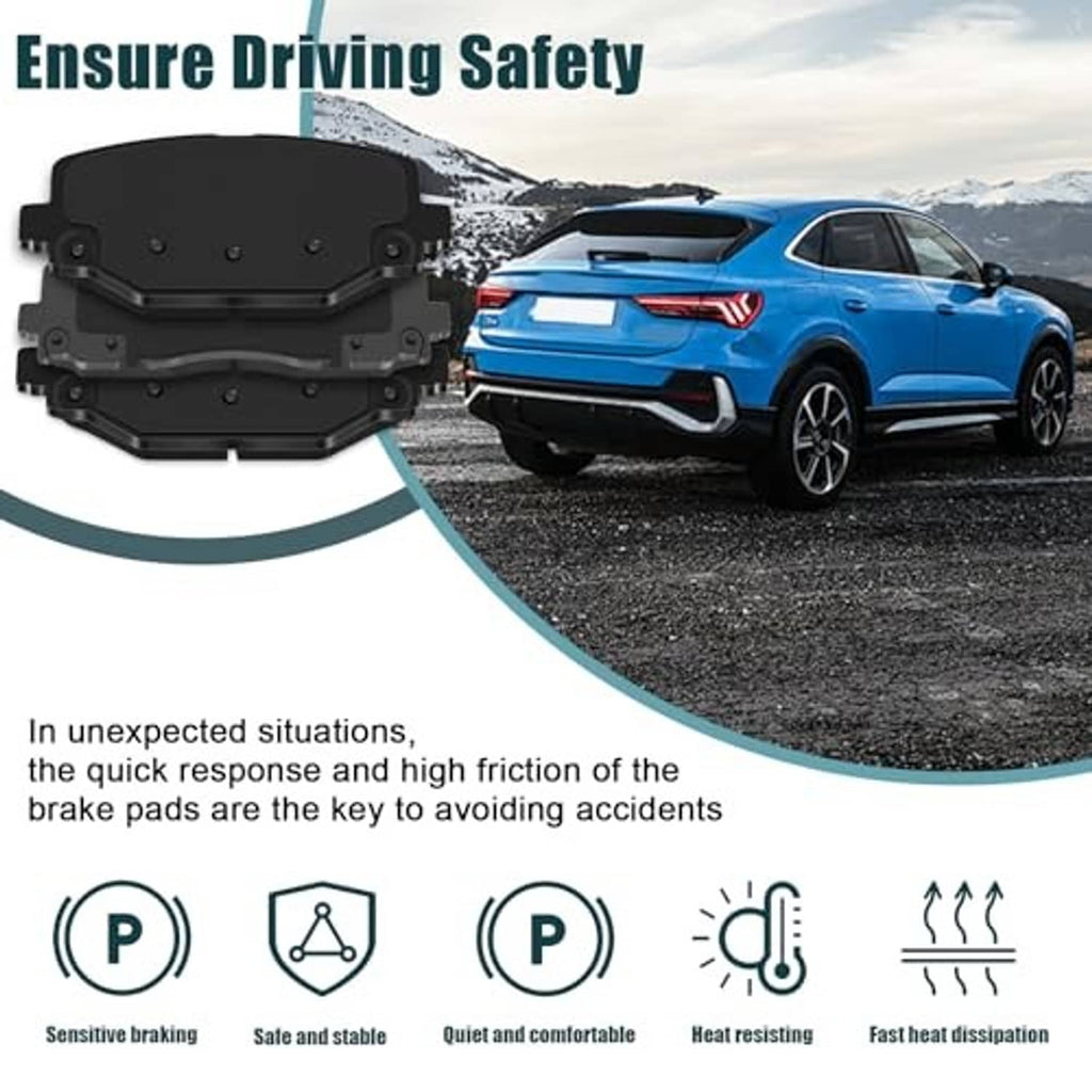 Ceramic brake pads with gray friction material on black backing, two-piece set