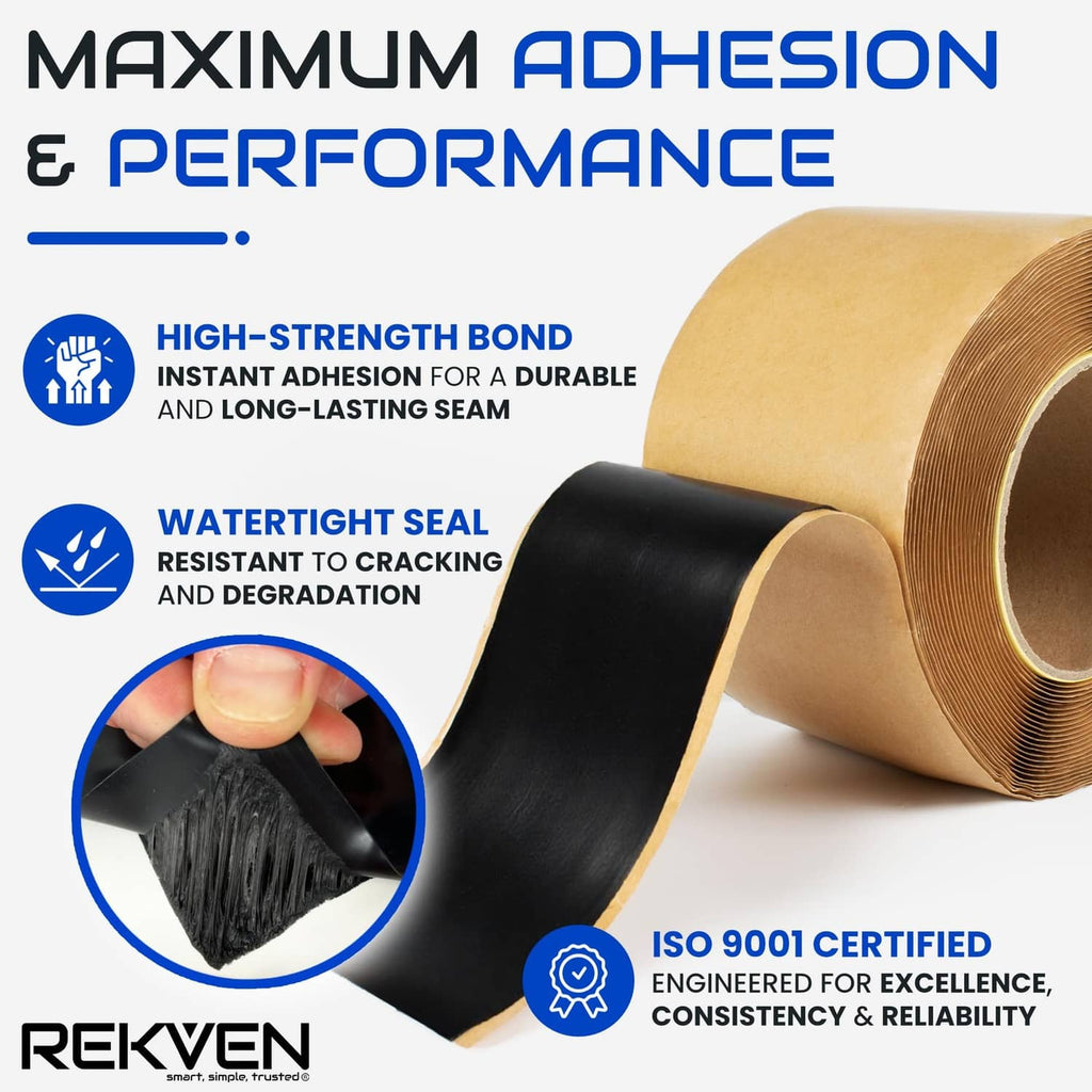 Pond liner seam tape roll with brown tape on a black double-sided strip