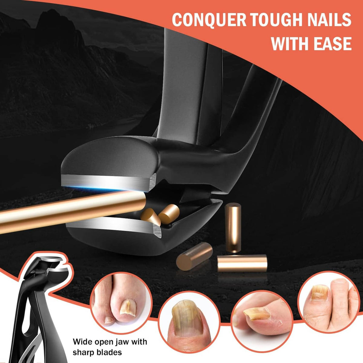 Angled toenail clipper with wide jaw and sharp blades for tough nails