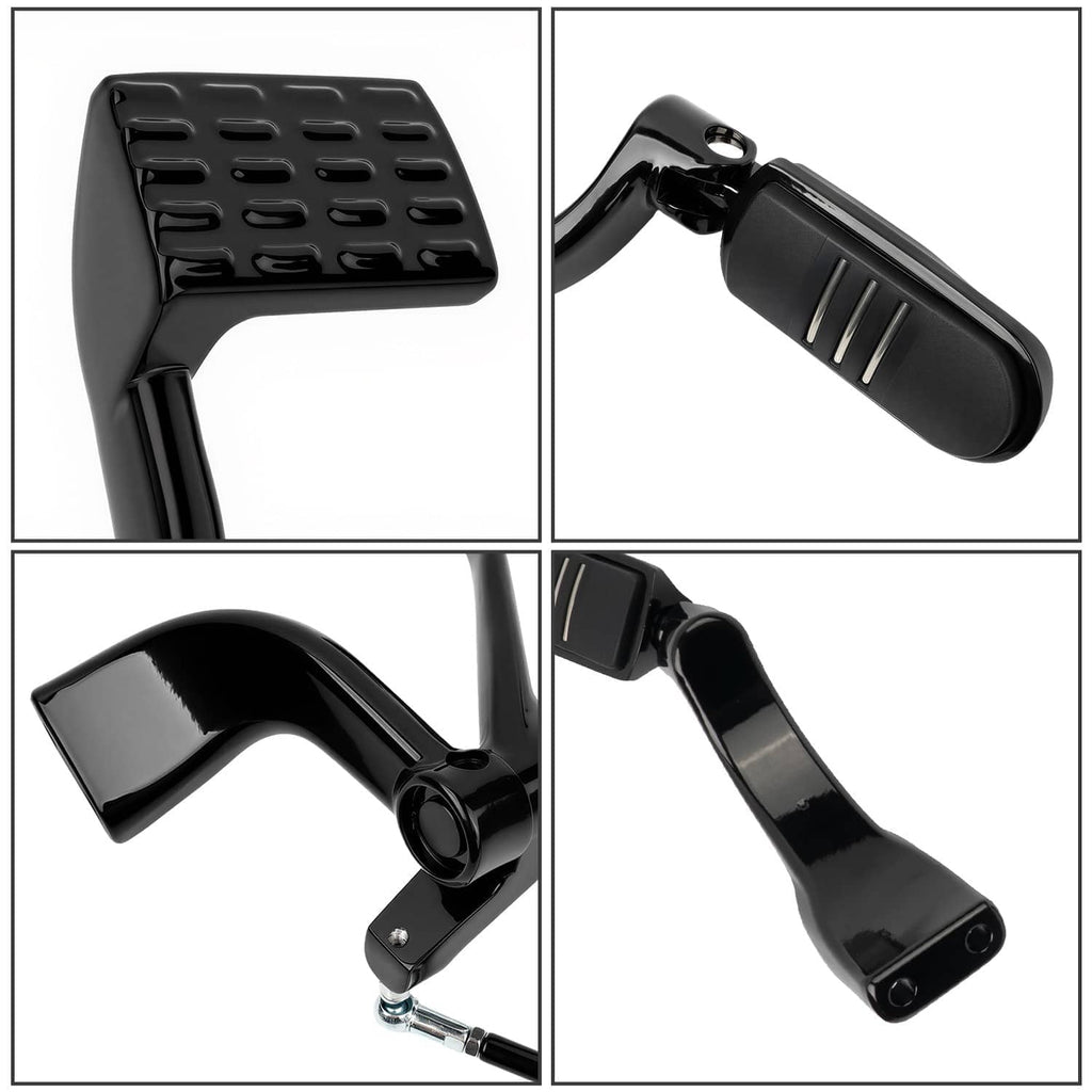 Close-up of black footpeg lever pad with grip grooves and glossy mounting bracket